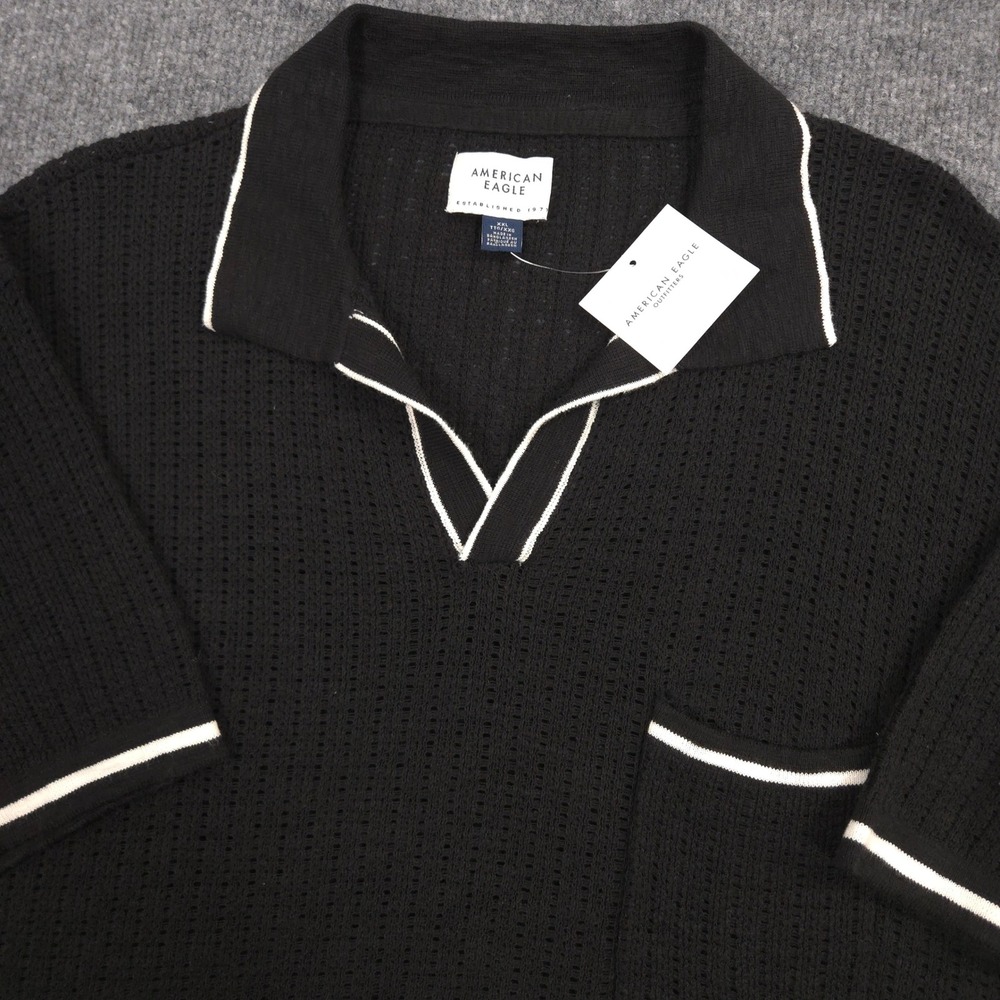 American Eagle Sweater Polo Shirt Mens XXL Black Johnny Collar Tipped Preppy NEW